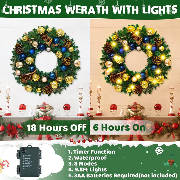 Christmas Wreath Decor - Christmas Wreaths for Front Door with Pine Cones Christmas Ball Ornaments Pine Needles, 18'' Christmas Door Wreath for Christmas Decoration Indoor Outdoor Window Wall Decor