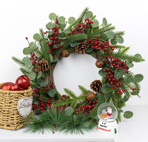 Artifical Christmas Door Wreath 22 Inches Christmas Wreaths for Front Door Rustic Winter Wreath with Evergreen Pine Needle Pinecone Red Berries for Wall Porch Window Holiday Indoor Outdoor
