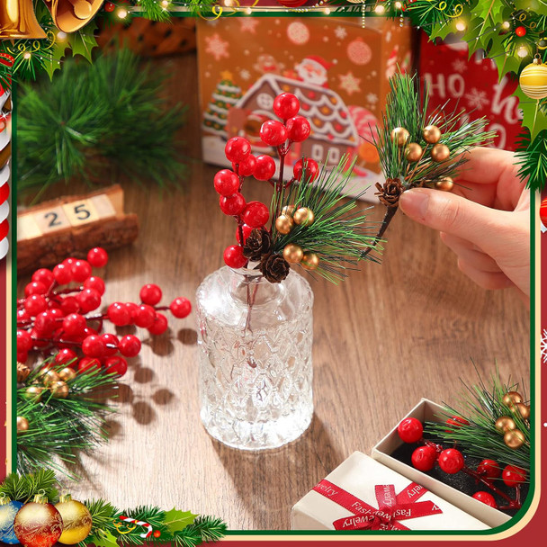 40 Pieces Mini Artificial Christmas Floral Picks Artificial Pine Picks Red Berry Picks Holly Red Berry Stems Green Pine Needles Picks for Christmas Tree Wreath ing Props Winter Holiday