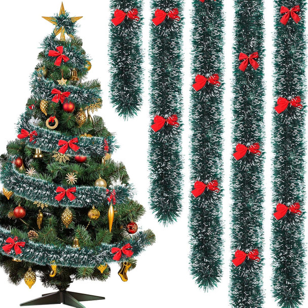 Yilloog 50ft Christmas Tinsel Garland with 38 Red Bows Metallic Christmas Tree Garland Hanging Garland Christmas Decorations Vintage Tinsel Wreaths for Holiday Indoor Outdoor Party Supplies(White)