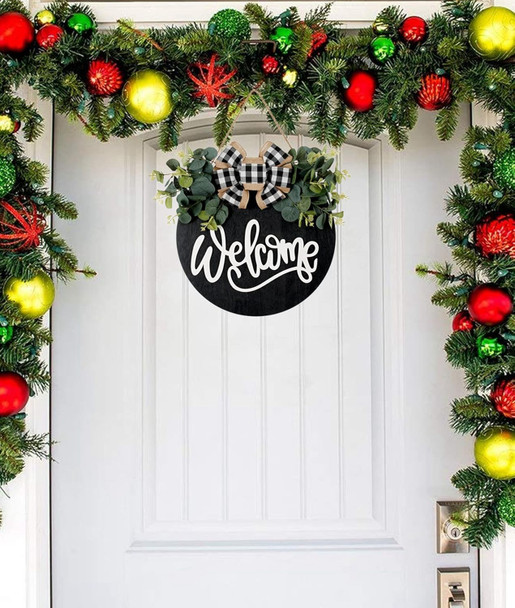 Welcome Sign for Front Door Porch Decor Farmhouse Wreath Wall Decor Φ30cm Round Wooden Hanging Housewarming Home Decor for Home Outdoor Indoor (Black)