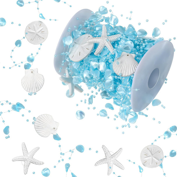 Yinder Christmas 32.8 ft Shell Starfish Garland Ocean Themed Garland Coastal Beaded Beach Garland for Home Christmas Tree Curtains Mantle Fireplace Mantel Summer Wedding Party Supply (Light Blue)