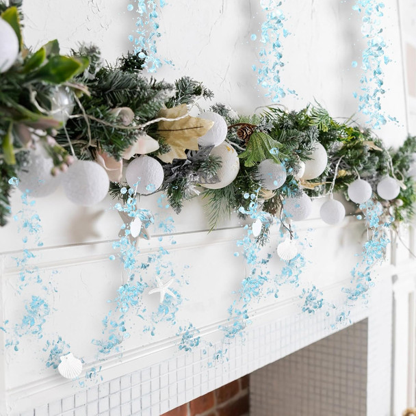 Yinder Christmas 32.8 ft Shell Starfish Garland Ocean Themed Garland Coastal Beaded Beach Garland for Home Christmas Tree Curtains Mantle Fireplace Mantel Summer Wedding Party Supply (Light Blue)