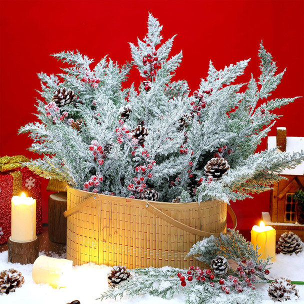 24 Pcs 18.5 Inch Snowy Faux Cedar Branches Frosted Artificial Cedar Picks and Sprays Cedar Twigs Stems Christmas Greenery Stems Green Artificial Cedar Sprigs for Christmas Holiday (Berry Pine Cones)
