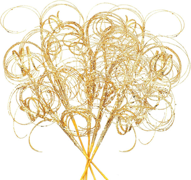 Glitter Curly Christmas Spray Wispy Christmas Picks Artificial Curly Twigs Christmas Branches for Vases Glitter Branches for Christmas Tree Vases Wreath Garland Banquet Decoration, 5 Pieces (Gold)