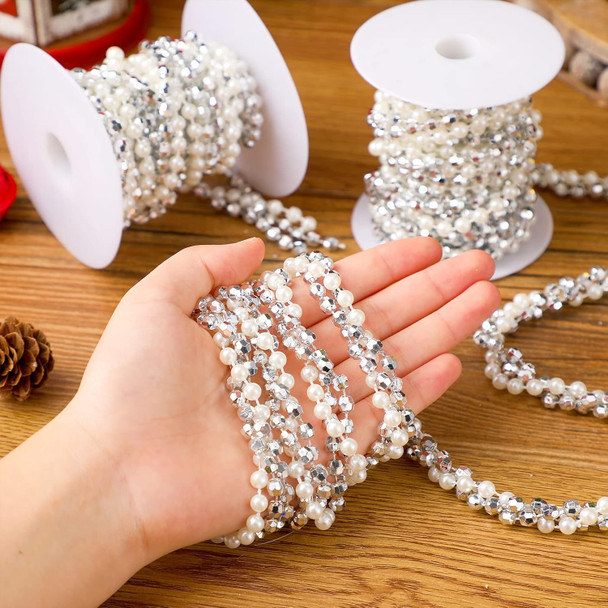 2 Rolls Christmas Tree Beads Garland 14.7 Ft Each White and Silver Beaded Garland Iridescent Twisted Decor Xmas Faux Pearl Crystal Garland Strands Twist Bead Christmas Garlands for Tree Wall Party