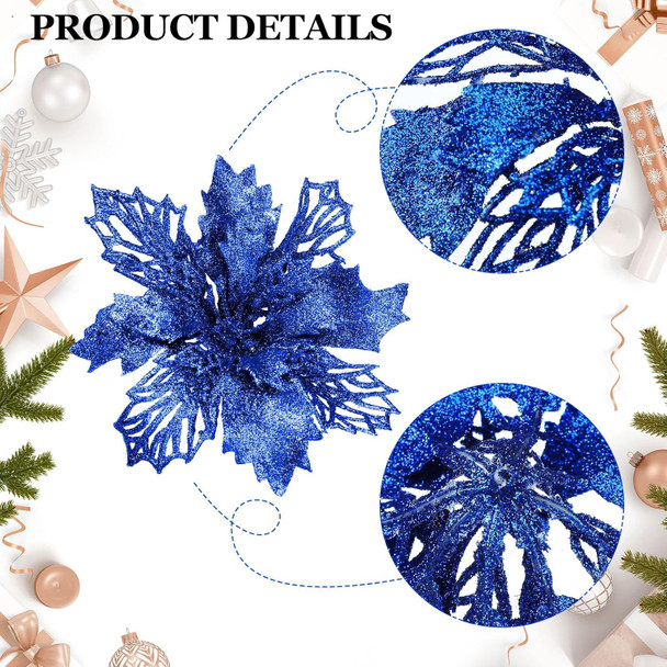 Yinder 48 Pcs Glitter Christmas Tree Filler Decorations Set 24 Pcs 13.7'' Christmas Curly Spray Picks 24 Christmas Poinsettia Flowers Artificial Twigs for Xmas Party Wreath Table Centerpiece (Blue)