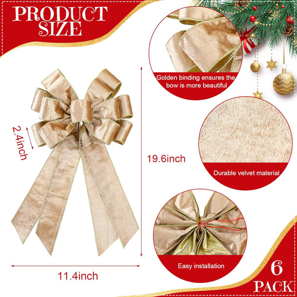 Yinkin 6 Pack Christmas Wreath Bows 11.4" x19.6" Big Velvet Bows for Front Door Holiday Bow Knots Tree Topper Bows for Winter Xmas Party Porch Mailbox Indoor Outdoor Decor (Champagne Gold)