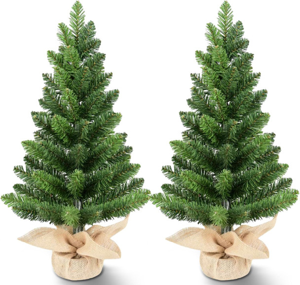 2Pcs Small Christmas Trees, Christmas Decorations Mini Christmas Trees with Cloth Bag Base, Artificial Small Christmas Tree with 68 PVC Branch Tips for Christmas Decor Christmas Party Home Table 2FT