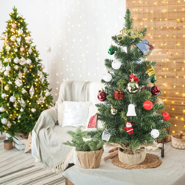 2Pcs Small Christmas Trees, Christmas Decorations Mini Christmas Trees with Cloth Bag Base, Artificial Small Christmas Tree with 68 PVC Branch Tips for Christmas Decor Christmas Party Home Table 2FT