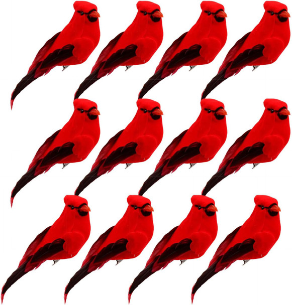12 PCS Cardinals Clip On Christmas Tree Ornaments, Realistic Artificial Red Cardinals Birds Ornaments for Christmas Tree Wreath Centerpiece Decorations Crafts, 5" Long