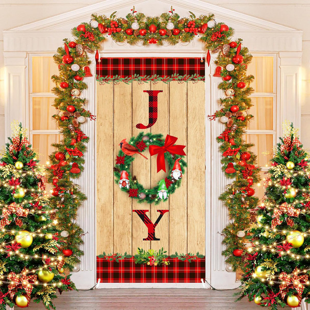 Christmas Joy Door Cover Decorations Wood Grain Christmas Wreath Door Banner Xmas Gnome Cardinal Door Cover Backdrop for Christmas Winter Holiday Farmhouse Front Door Indoor Outdoor Party Supplies