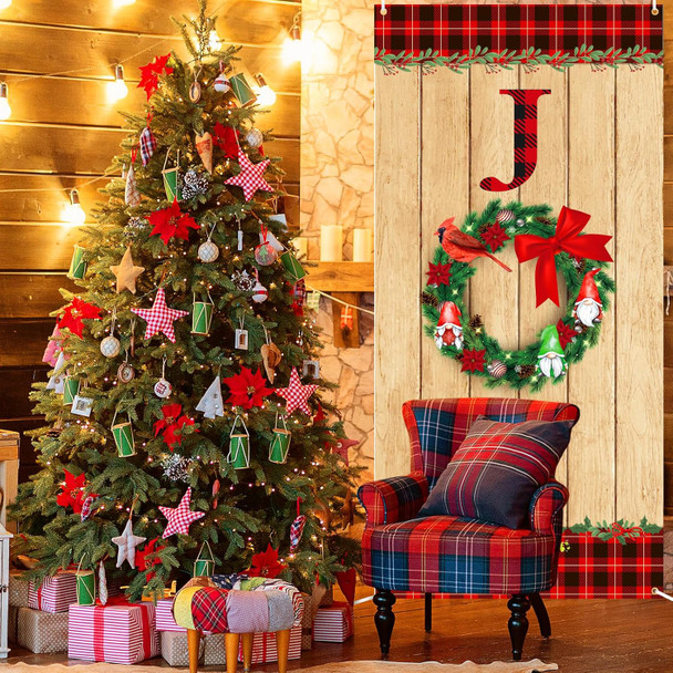 Christmas Joy Door Cover Decorations Wood Grain Christmas Wreath Door Banner Xmas Gnome Cardinal Door Cover Backdrop for Christmas Winter Holiday Farmhouse Front Door Indoor Outdoor Party Supplies