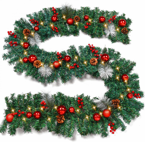 YoleShy 9 Foot Christmas Garland, Outdoor Christmas Garland with Pine Cones, Red Berries Red Ball for Fireplace, Mantle Stair Railing