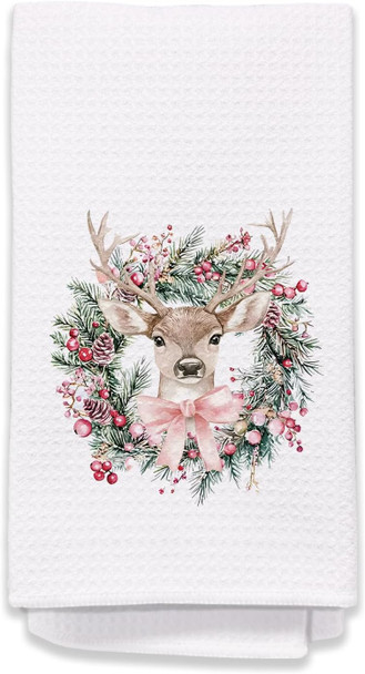 Christmas Wreath Kitchen Towels, Christmas Pink Bow Reindeer Decorative Hand Towels for Bathroom, Christmas Dish Towels Tea Towels for Kitchen, Christmas Kitchen Bathroom Decor, 16x24 Inches