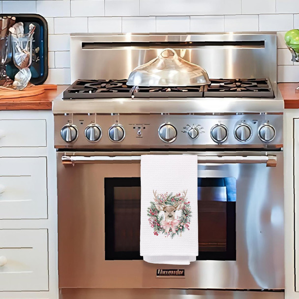 Christmas Wreath Kitchen Towels, Christmas Pink Bow Reindeer Decorative Hand Towels for Bathroom, Christmas Dish Towels Tea Towels for Kitchen, Christmas Kitchen Bathroom Decor, 16x24 Inches