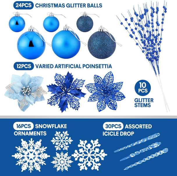 92pcs Christmas Tree Decoration Set, Christmas Ball Ornaments Bulk, Artificial Glitter Poinsettia Flowers, Hanging Crystal Snowflake Drop, Xmas Flowers for Holiday Wedding Year Party Decor (Blue)