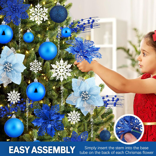 92pcs Christmas Tree Decoration Set, Christmas Ball Ornaments Bulk, Artificial Glitter Poinsettia Flowers, Hanging Crystal Snowflake Drop, Xmas Flowers for Holiday Wedding Year Party Decor (Blue)
