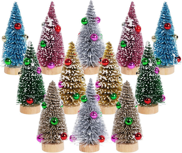 Yookat 12Pcs Mini Christmas Trees Small Sisal Trees Mini Pine Trees with Wood Base Mini Bottle Brush Trees Artificial Mini Christmas Trees Assorted Color for Christmas Winter Decoration (Multicolor)