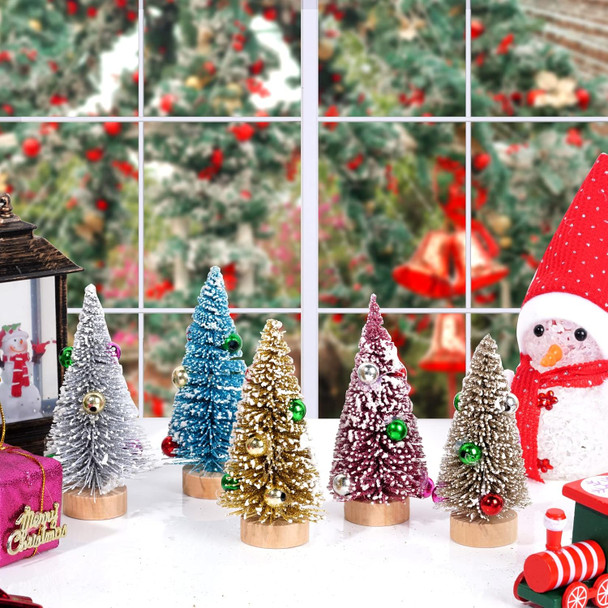 Yookat 12Pcs Mini Christmas Trees Small Sisal Trees Mini Pine Trees with Wood Base Mini Bottle Brush Trees Artificial Mini Christmas Trees Assorted Color for Christmas Winter Decoration (Multicolor)