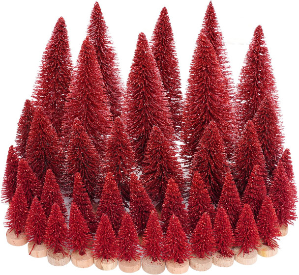 Yookat 40Pcs Mini Christmas Trees Artificial Mini Pine Trees with Wood Base Sisal Trees Bottle Brush Trees Assorted Color for Christmas Decoration Winter Ornaments (Dark Red)