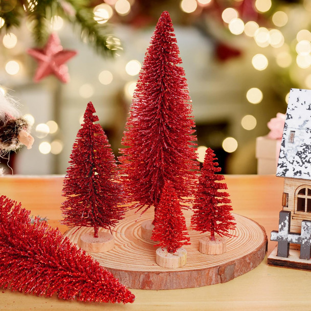 Yookat 40Pcs Mini Christmas Trees Artificial Mini Pine Trees with Wood Base Sisal Trees Bottle Brush Trees Assorted Color for Christmas Decoration Winter Ornaments (Dark Red)