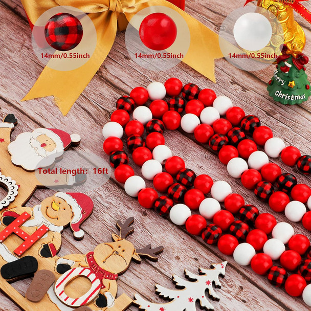 Christmas Mixed Red and White Buffalo Plaid Bead Garland Wooden Round Beads Garland Xmas Wood Bead Garland Decor Christmas Tree Bead Decoration for Christmas Holiday Party Decoration, 16 Feet