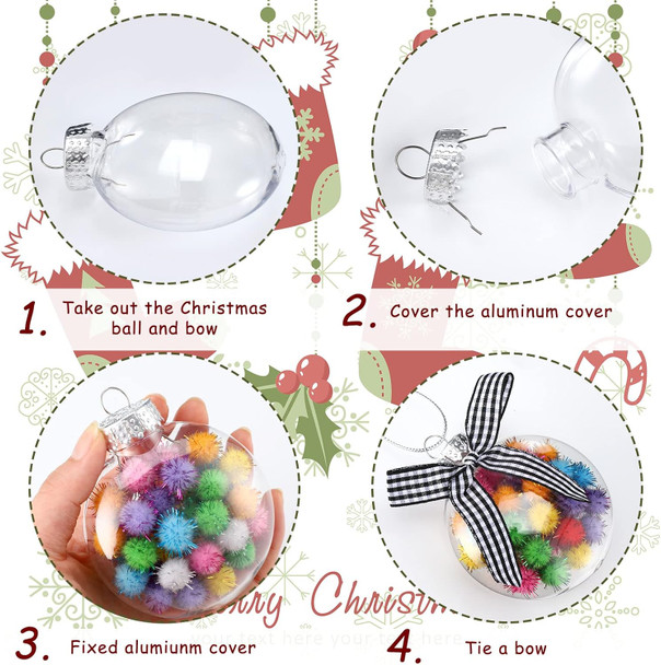 Christmas Ornaments Plastic Discs Ornaments Clear fillable Ornaments Balls with Silver Cap and Black White Red Buffalo Plaid Bows for Craft DIY Christmas Tree Wreath Decoration (32 Pcs, 3.15 Inch)