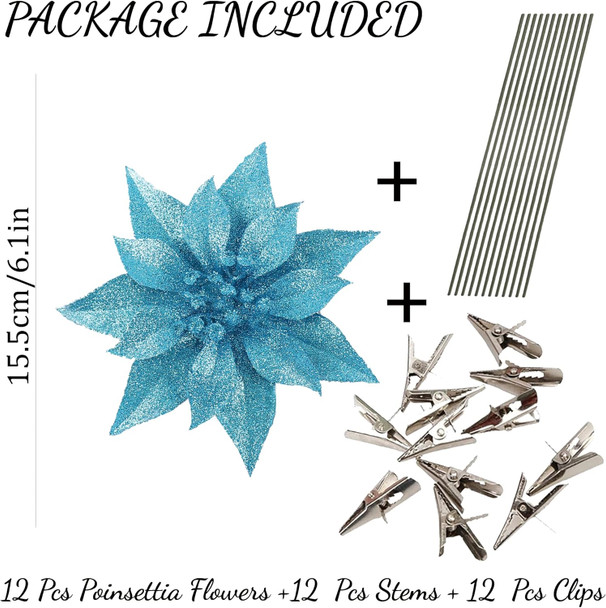 12 Pcs Artificial Christmas Flowers Lake Blue Christmas Ornaments for Tree Decoration with Clips Stems Fake Poinsettias Flowers for Xmas Holiday Wedding Party Wreath DIY