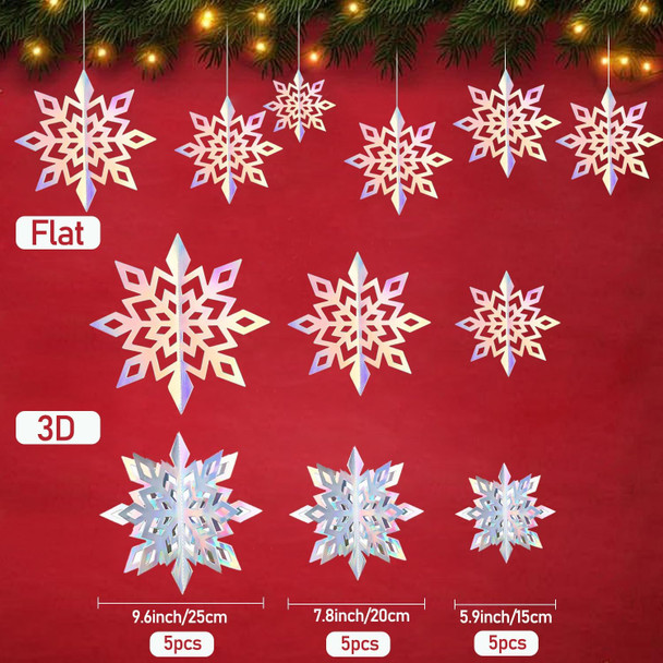 Winter Christmas Hanging Snowflake Decorations 15Pcs, 3D Iridescent Paper Snowflakes Rainbow Snow Flakes Garland for Winter Wonderland Holiday Frozen Christmas Birthday Party Home Decorations