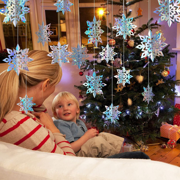 Winter Christmas Hanging Snowflake Decorations 15Pcs, 3D Iridescent Paper Snowflakes Rainbow Snow Flakes Garland for Winter Wonderland Holiday Frozen Christmas Birthday Party Home Decorations