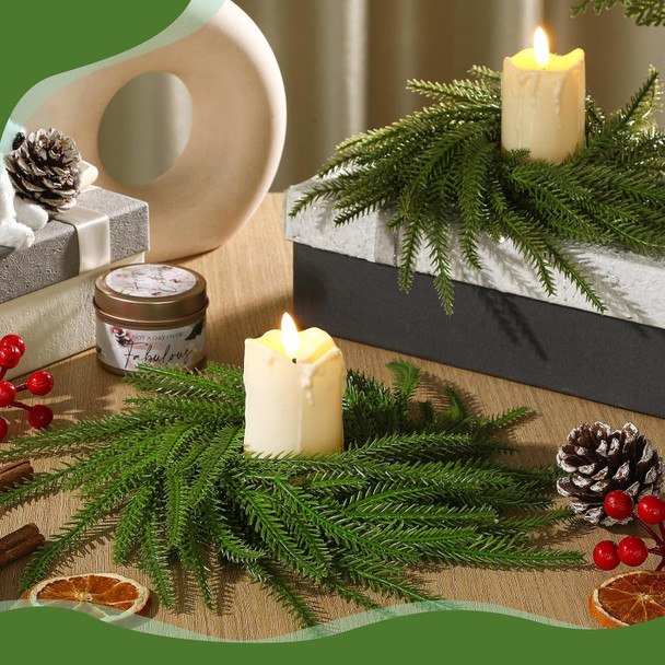 4 Pcs Christmas Norfolk Pine Wreath Candle Rings Green Artificial Norfolk Pine Rings Xmas Garland Candle Ring Holder Ornament for Xmas Holiday Wedding Table Centerpiece Table Pillar