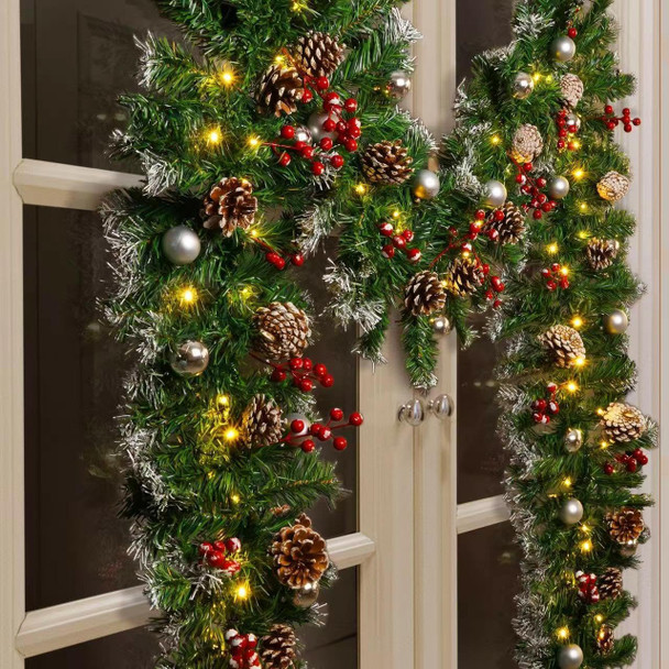 9FT Christmas Garland with Lights, Pre-Lit Christmas Garland Decorated with Red Berries Silver Balls and Pinecones, Battery Operated Christmas Decorations for Mantle Fireplace Indoor Outdoor Home