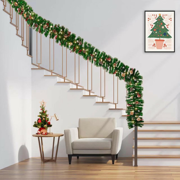 9FT Christmas Garland with Lights, Pre-Lit Christmas Garland Decorated with Red Berries Silver Balls and Pinecones, Battery Operated Christmas Decorations for Mantle Fireplace Indoor Outdoor Home