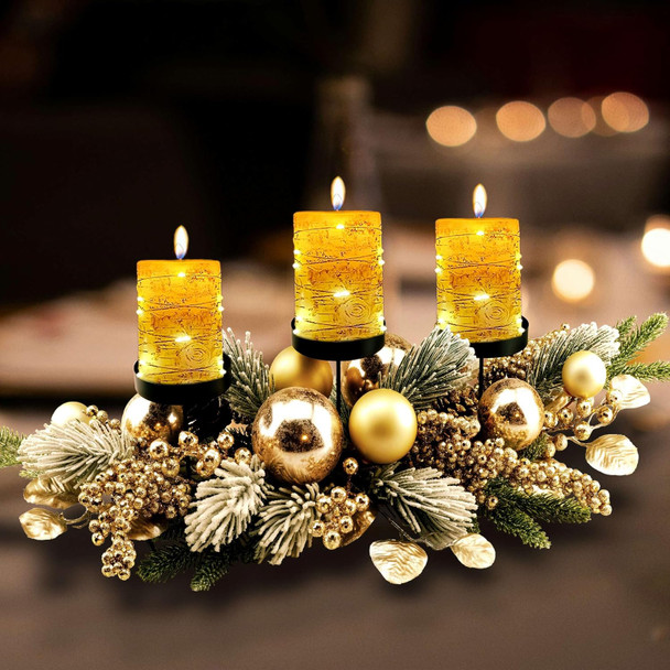 YULETIME 28" Christmas Triple Candelabrum, Holiday Candle Holder with Three Trays, Gold Baubles, Golden Berries & Leaves, Snowy Flocked Pine Needles (Gold)