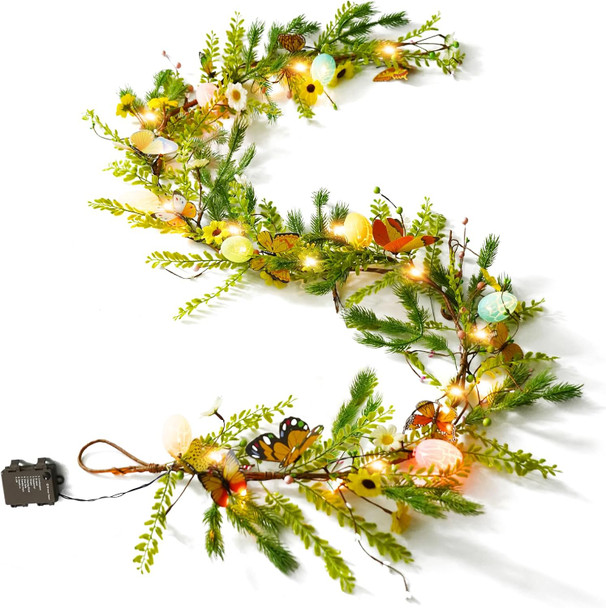 6.8ft Artificial Easter Eggs Garland with 20 LED Lights 8 Twinkle Timer Function Berry Garland Hanging Rustic Spring Easter Decorations for Mantle Fireplace Home Indoor Outdoor Easter Decor