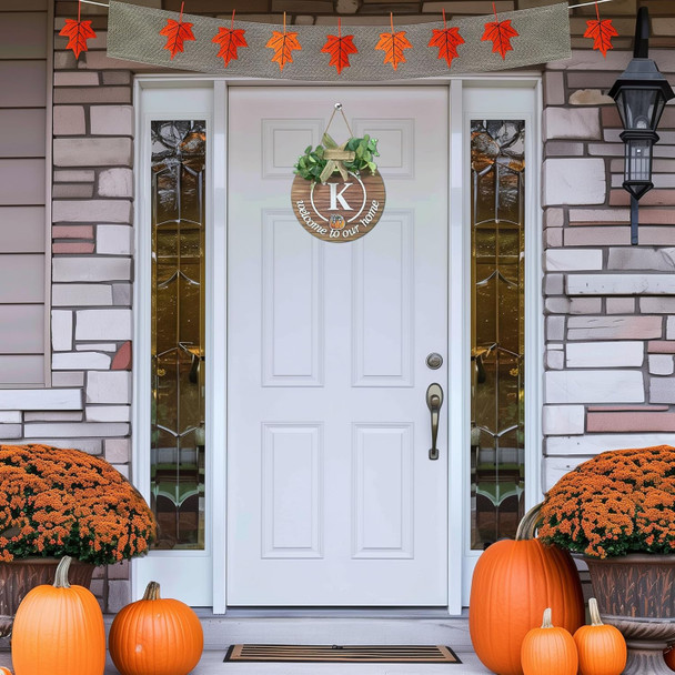 Initial Interchangeable Seasonal Welcome Sign for Front Door Last Name Letter K Front Door Wreath Rustic Home Decor with 15 Changeable Icons for All Seasons Holiday Fall Halloween Christmas Decor