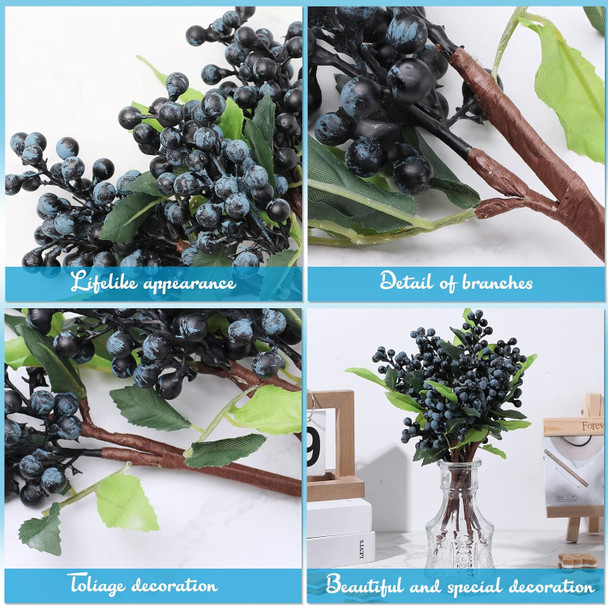 Yunsailing 30 Pcs Artificial Blue Berry Stems Bulk, 9.8 Inch Faux Berry Picks with Green Leaves, Fake Short Branch Fruit Flower for Christmas Tree Garland Home Wedding DIY Party Decoration(Blue)