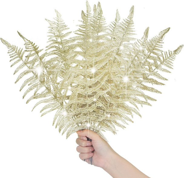 Yunsailing 20 Pcs Christmas Glitter Leaves Artificial Flashing Leaves Tropical Leaf Wedding Pick Flower Arrangement Wreaths DIY Hanging Ornament for Wedding Party Decoration(Champagne Gold, 20 Pcs)