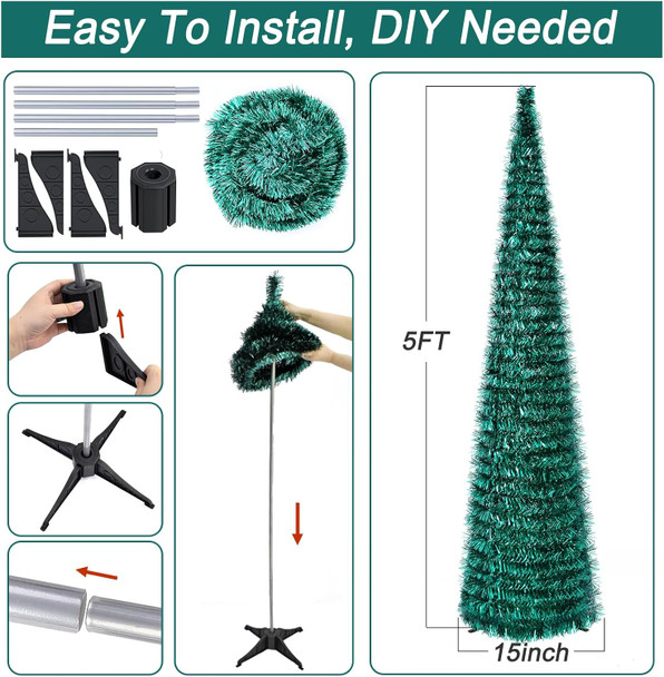 5Ft Pop up Christmas Tree Blackish Green,Collapsible Pencil Tree with Plastic Base, Tinsel Tree for Holiday Home Party Decoration Indoor Outdoor