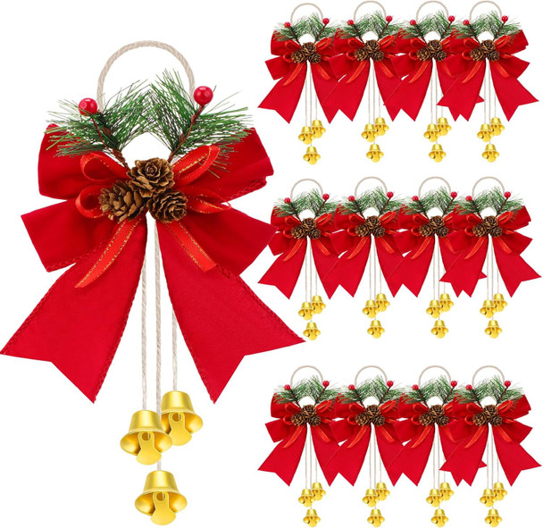 12 Pcs Red Christmas Bow with Pine Cones Wine Red Christmas Wreath Bows Xmas Decorative Bows Ornament with Bell Christmas Tree Toppers Bows for Kitchen Cabinet Christmas Party Decoration