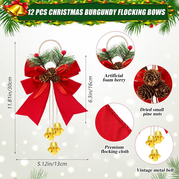 12 Pcs Red Christmas Bow with Pine Cones Wine Red Christmas Wreath Bows Xmas Decorative Bows Ornament with Bell Christmas Tree Toppers Bows for Kitchen Cabinet Christmas Party Decoration