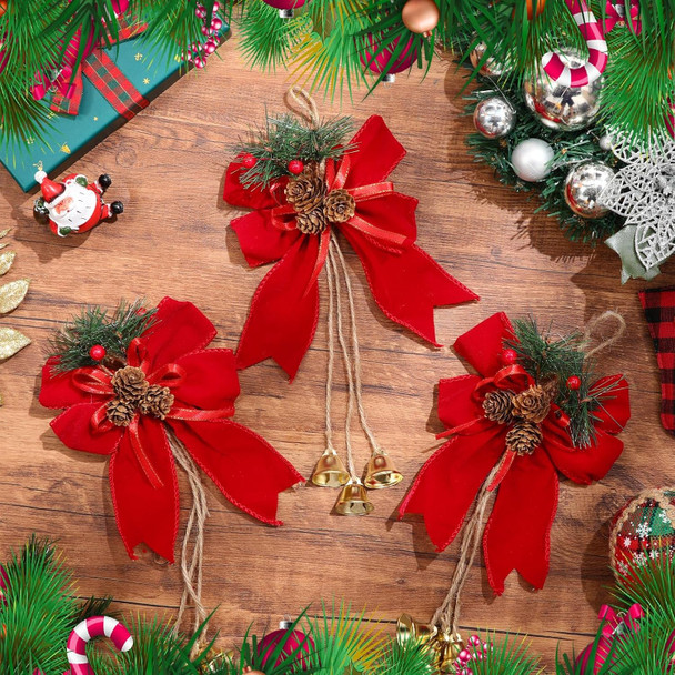 12 Pcs Red Christmas Bow with Pine Cones Wine Red Christmas Wreath Bows Xmas Decorative Bows Ornament with Bell Christmas Tree Toppers Bows for Kitchen Cabinet Christmas Party Decoration