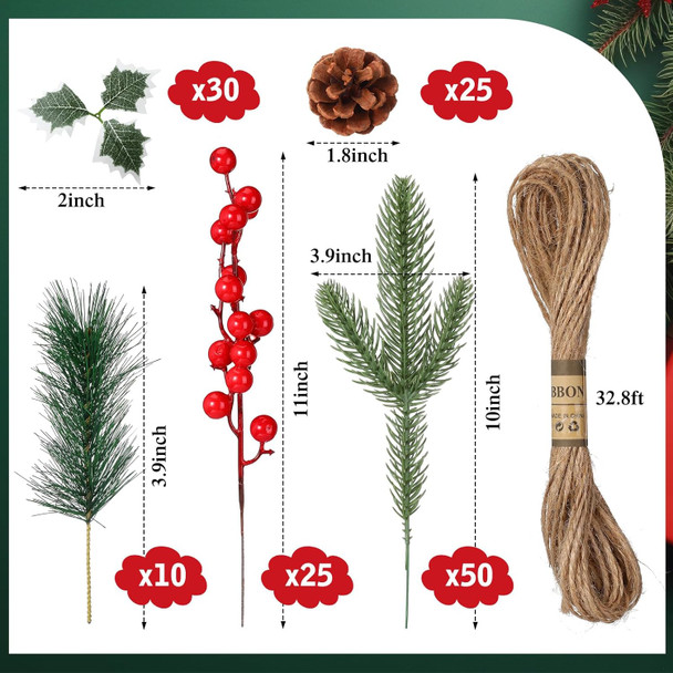 141 Pcs Christmas Artificial Pine Picks Set, DIY Crafts Red Berry Stems Branches Pine Needles Accessories Set for Christmas Tree Wreath Garland Decorations
