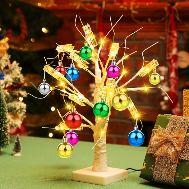 4 Pcs Christmas Artificial Birch Tree with LED Lights Battery and USB Powered Tabletop Tree Warm White with 48 Christmas Balls Ornaments for Table Bedroom Office Home Wedding, 1.5ft, 24 LED
