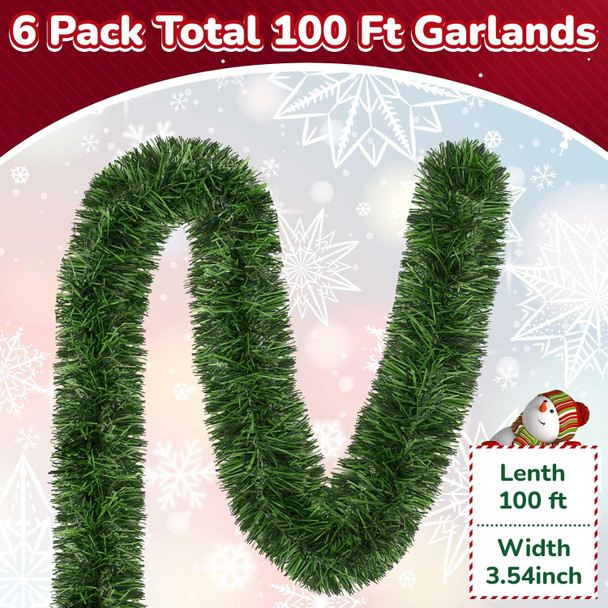 6 Pcs 100 ft Christmas Garland Artificial Greenery Garland 3.5 Inches Wide Pine Garland Soft Garland Christmas Decorations for Tree Stair Indoor Outdoor Fireplaces