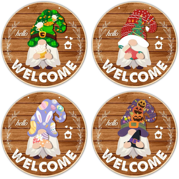 Gnome Welcome Sign Christmas Porch Decor, Interchangeable Seasonal Decor Wood Winter Wreath Hangers for Front Door Changeable Holiday Gnomes Decorations for Home Wall Decor (21 Pcs)