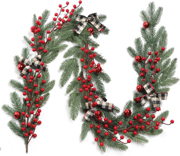 YYHUAWU 6FT Christmas Garland with Red Berries Bows Christmas Balls, Multi-Function Christmas Pine Needles Garland for Mantle Table Front Door Indoor Outdoor Christmas Holiday Decor