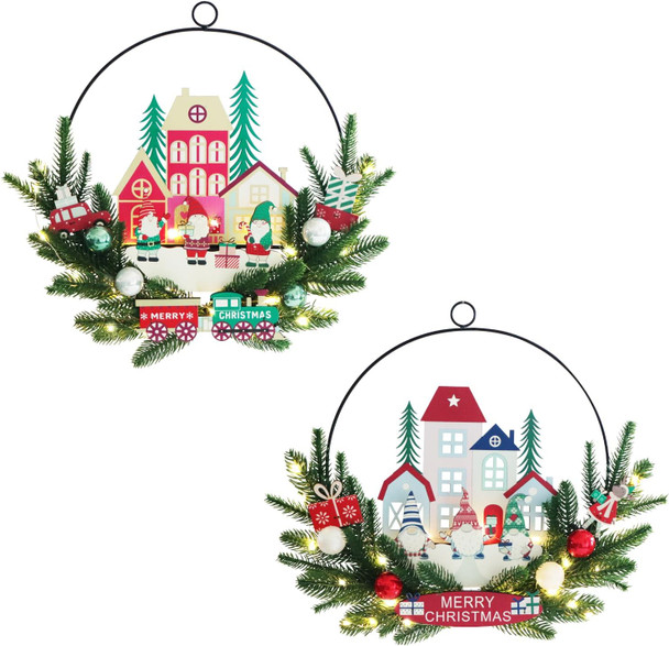 2 Pack Christmas Rustic Wreath for Front Door, Artificial Xmas Chimney Wreath with Various Decorations and Lights, 16 Inches Wreath for Indoor Outdoor Home Christmas Festival Decoration
