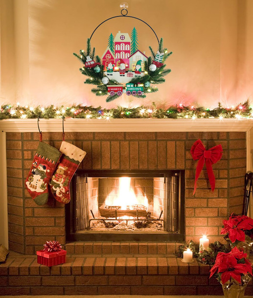 2 Pack Christmas Rustic Wreath for Front Door, Artificial Xmas Chimney Wreath with Various Decorations and Lights, 16 Inches Wreath for Indoor Outdoor Home Christmas Festival Decoration